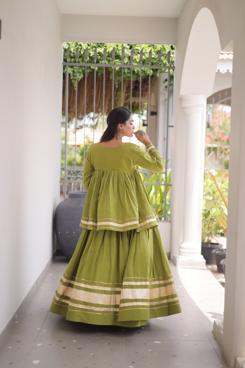 Kora Cotton Zari Patta Lehenga with Mirror Work Blouse