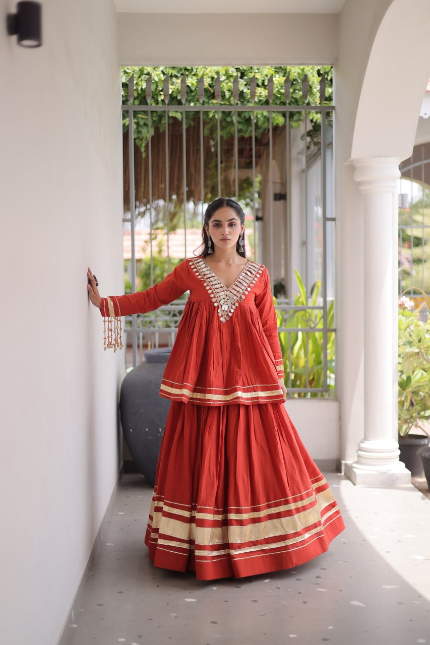 Kora Cotton Zari Patta Lehenga with Mirror Work Blouse