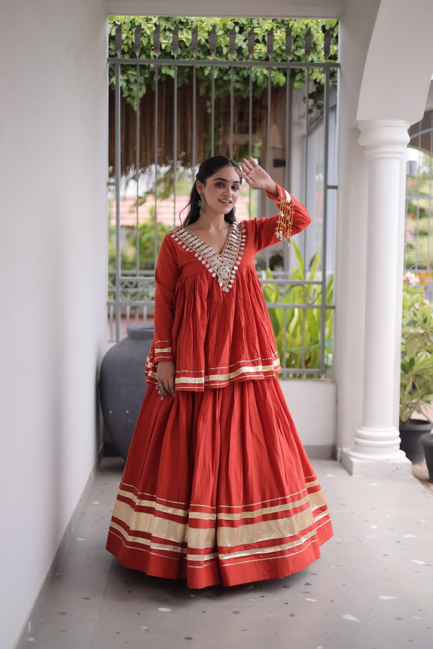 Kora Cotton Zari Patta Lehenga with Mirror Work Blouse