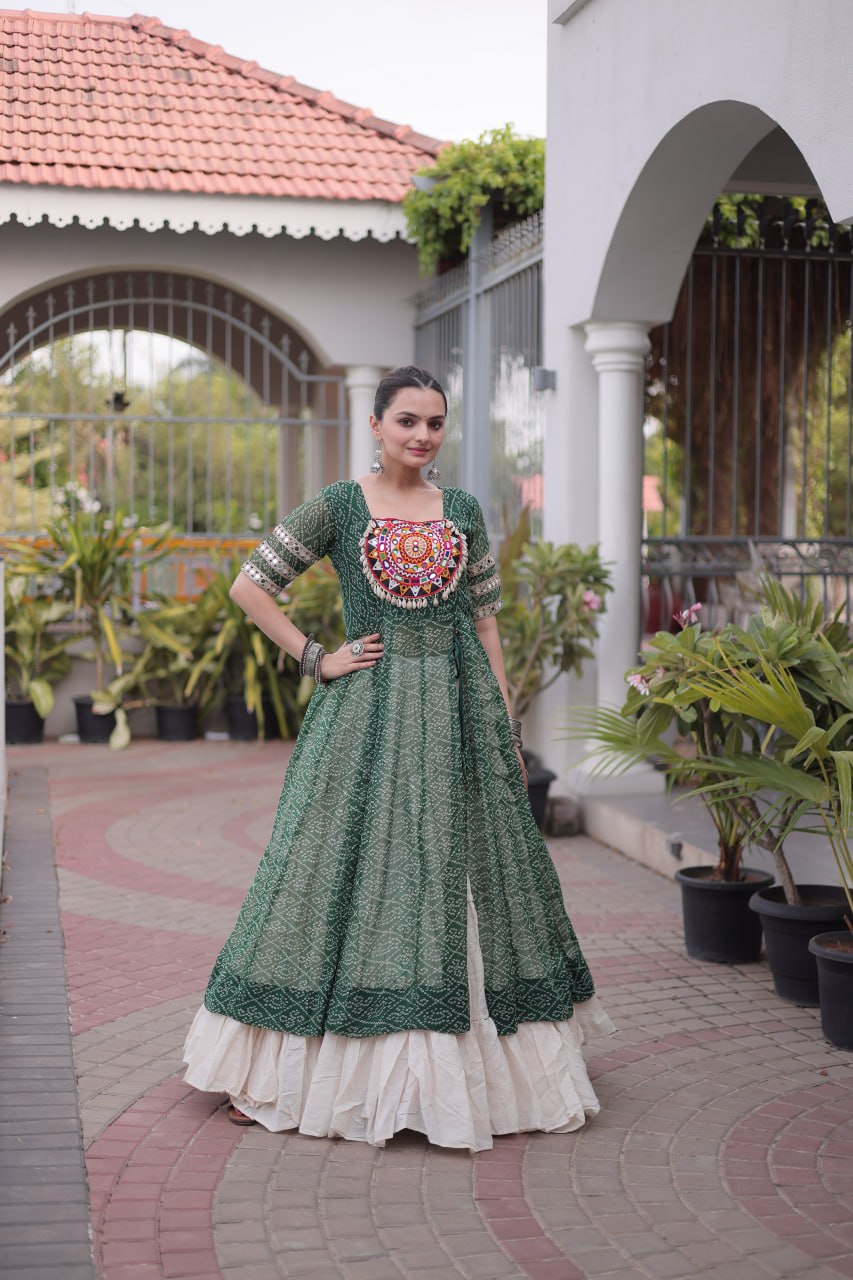 Navratri Special Bandhani Print Kurti with Kora Cotton Lehenga