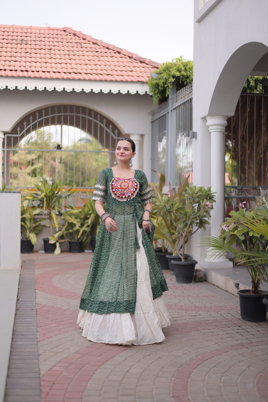 Navratri Special Bandhani Print Kurti with Kora Cotton Lehenga