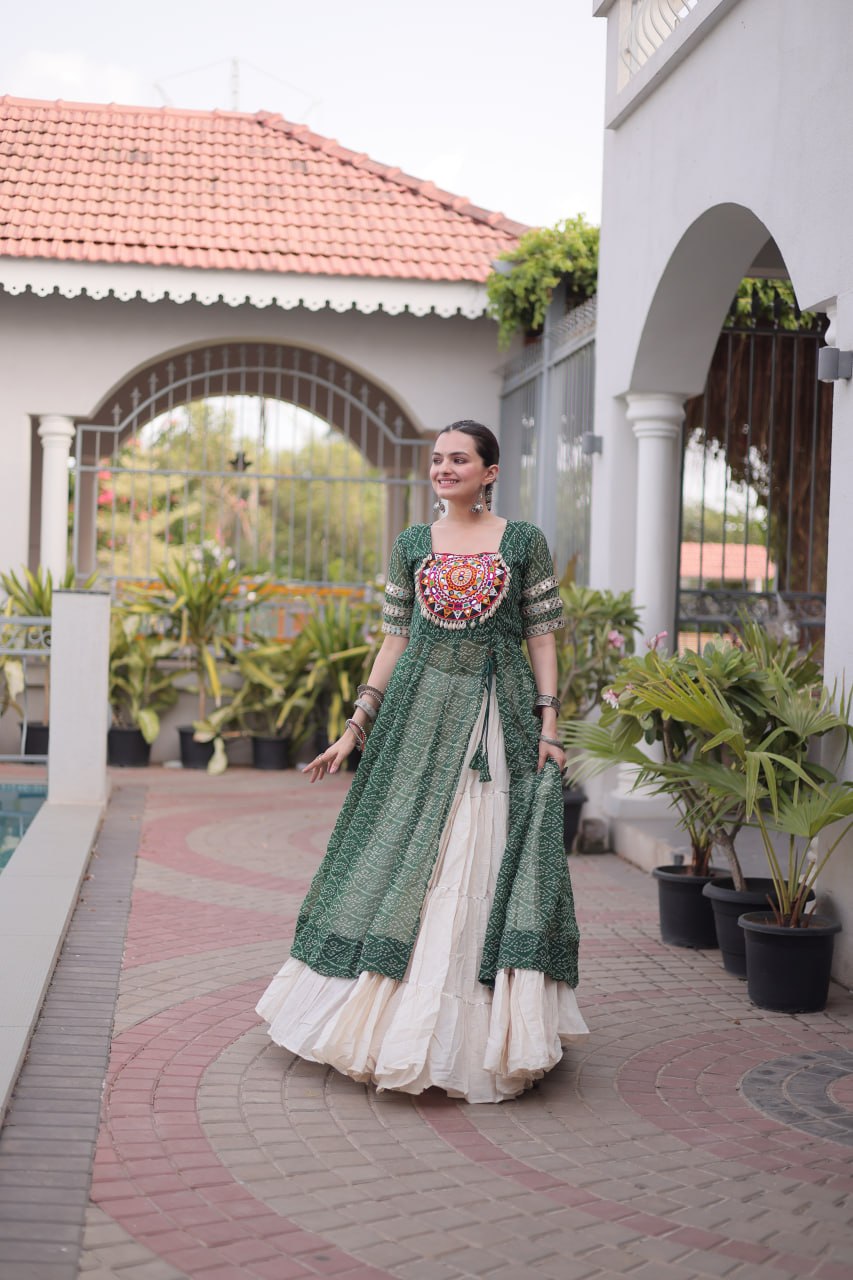 Navratri Special Bandhani Print Kurti with Kora Cotton Lehenga