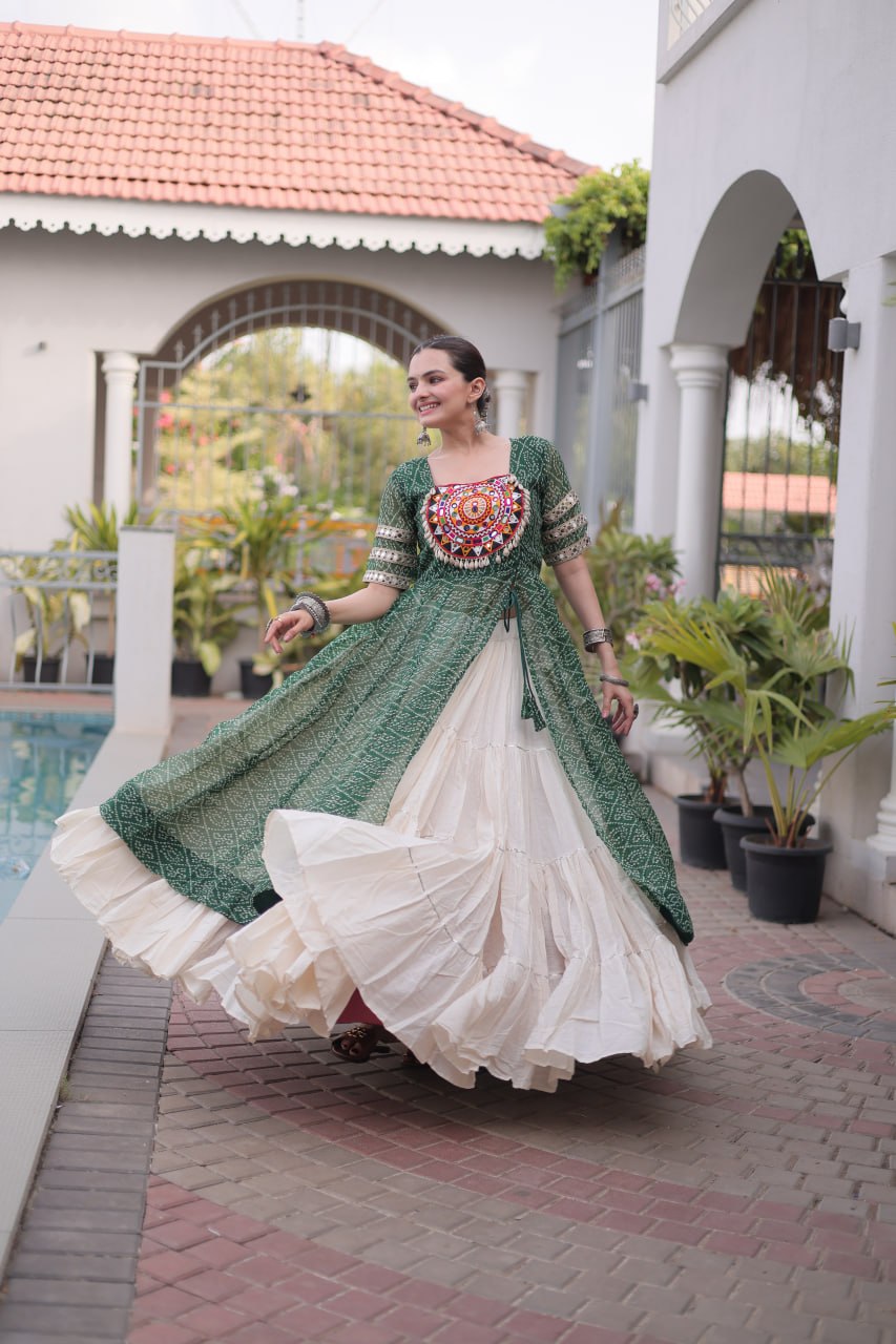 Navratri Special Bandhani Print Kurti with Kora Cotton Lehenga