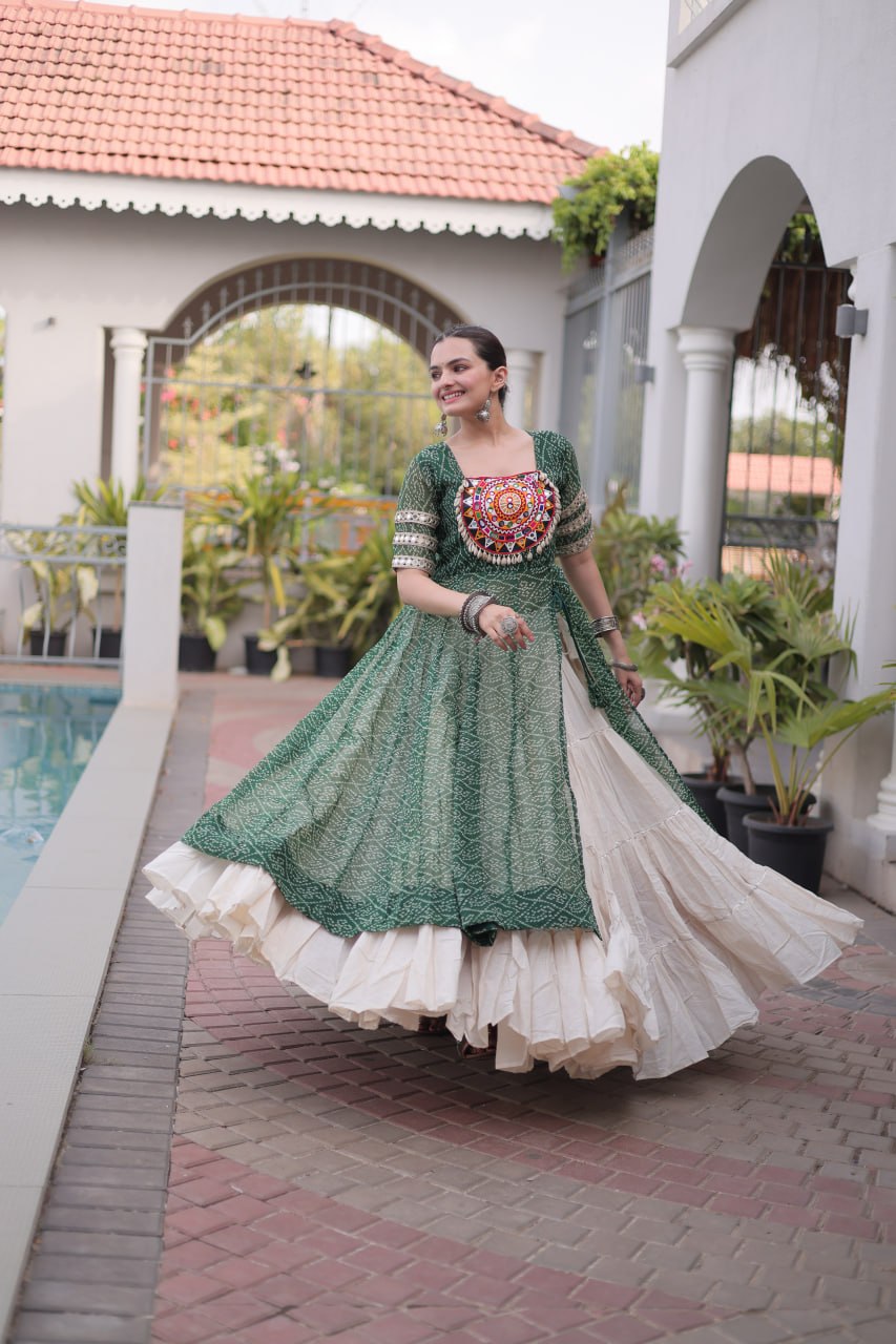Navratri Special Bandhani Print Kurti with Kora Cotton Lehenga