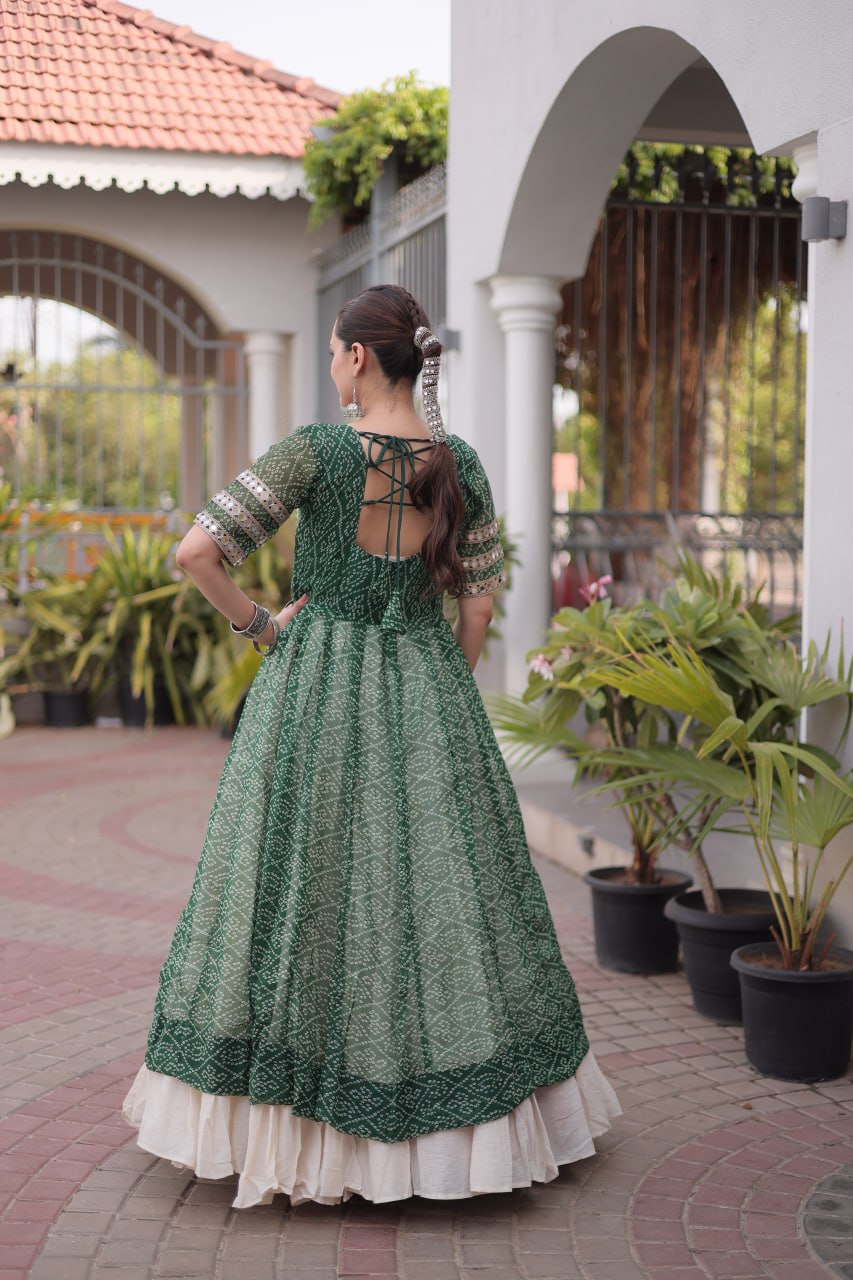 Navratri Special Bandhani Print Kurti with Kora Cotton Lehenga