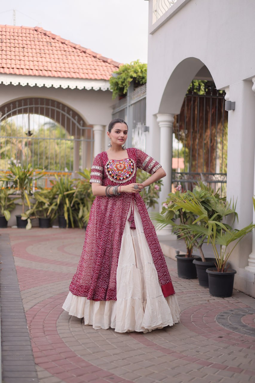 Navratri Special Bandhani Print Kurti with Kora Cotton Lehenga