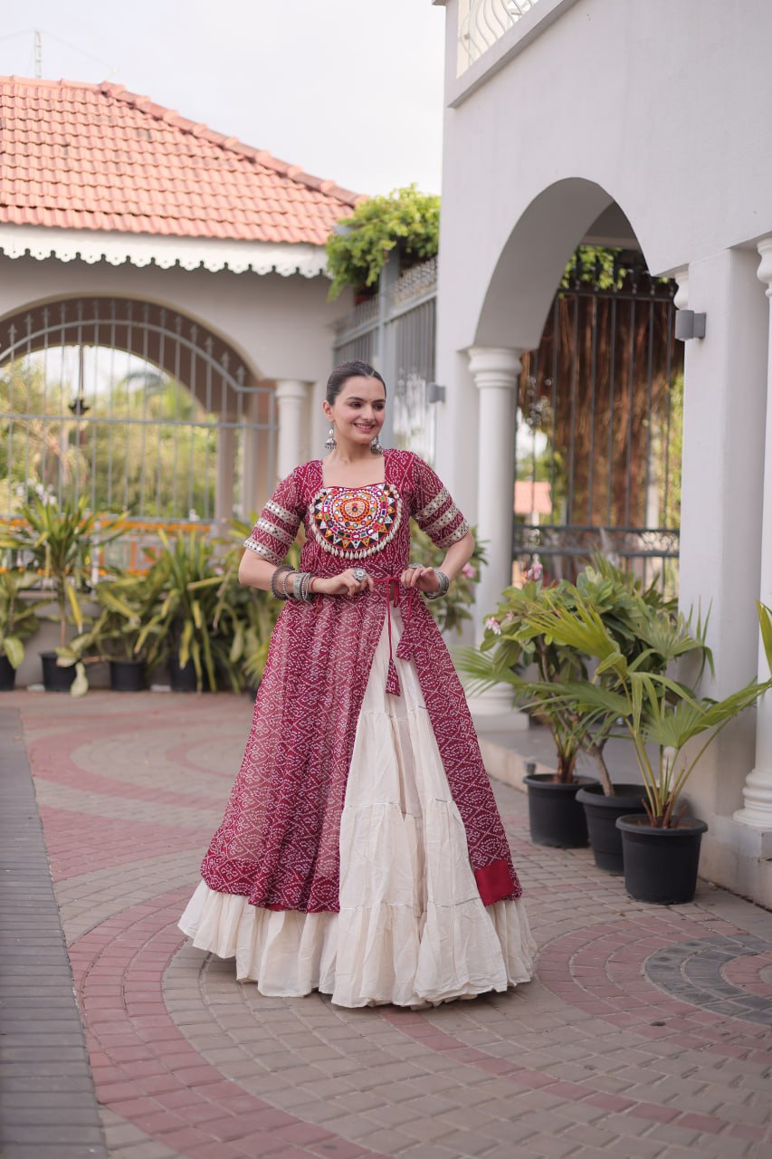 Navratri Special Bandhani Print Kurti with Kora Cotton Lehenga