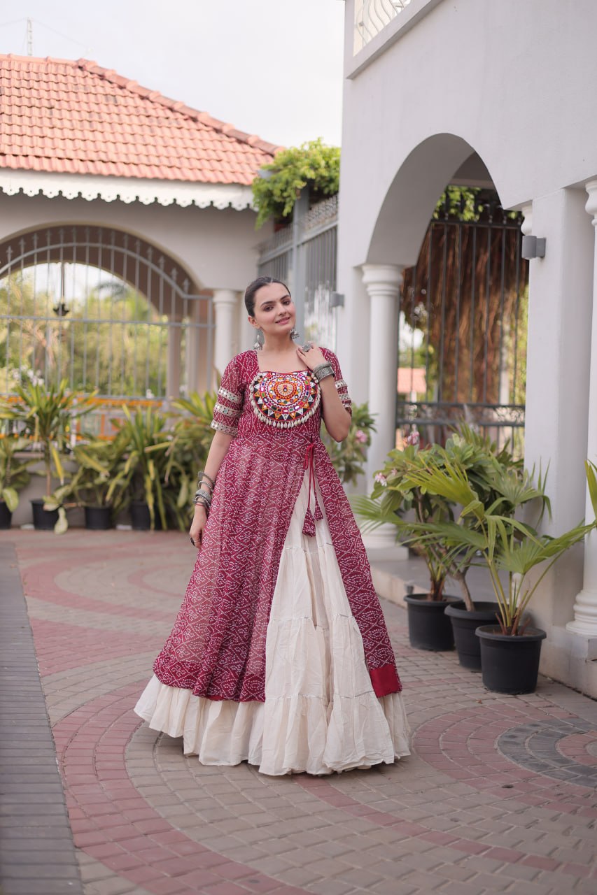 Navratri Special Bandhani Print Kurti with Kora Cotton Lehenga