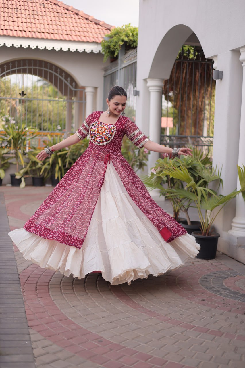 Navratri Special Bandhani Print Kurti with Kora Cotton Lehenga
