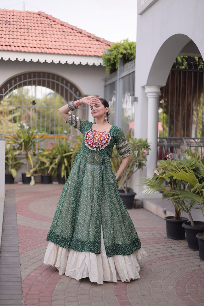 Navratri Special Bandhani Print Kurti with Kora Cotton Lehenga