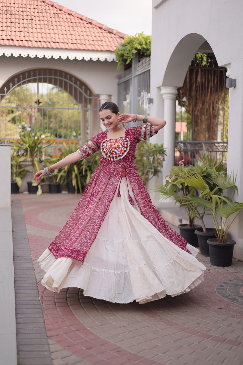 Navratri Special Bandhani Print Kurti with Kora Cotton Lehenga