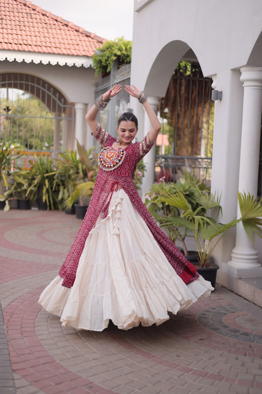 Navratri Special Bandhani Print Kurti with Kora Cotton Lehenga