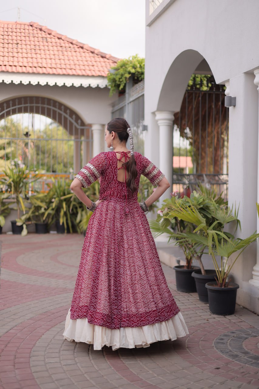 Navratri Special Bandhani Print Kurti with Kora Cotton Lehenga