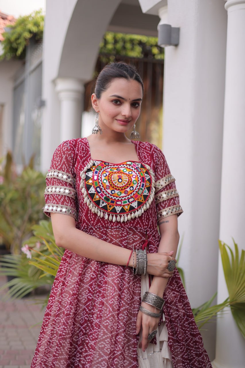 Navratri Special Bandhani Print Kurti with Kora Cotton Lehenga