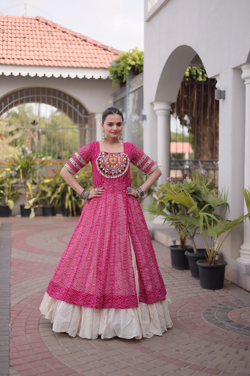 Navratri Special Bandhani Print Kurti with Kora Cotton Lehenga