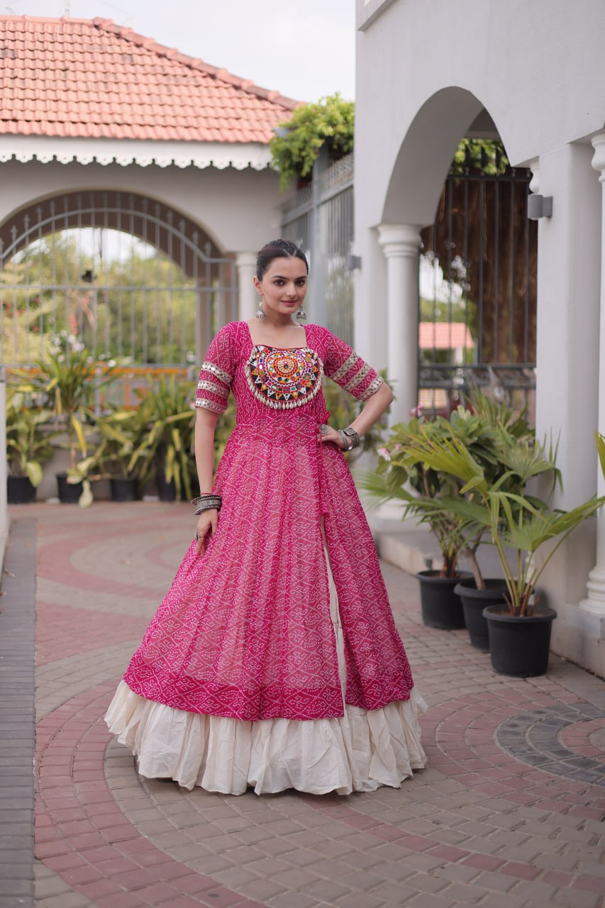 Navratri Special Bandhani Print Kurti with Kora Cotton Lehenga