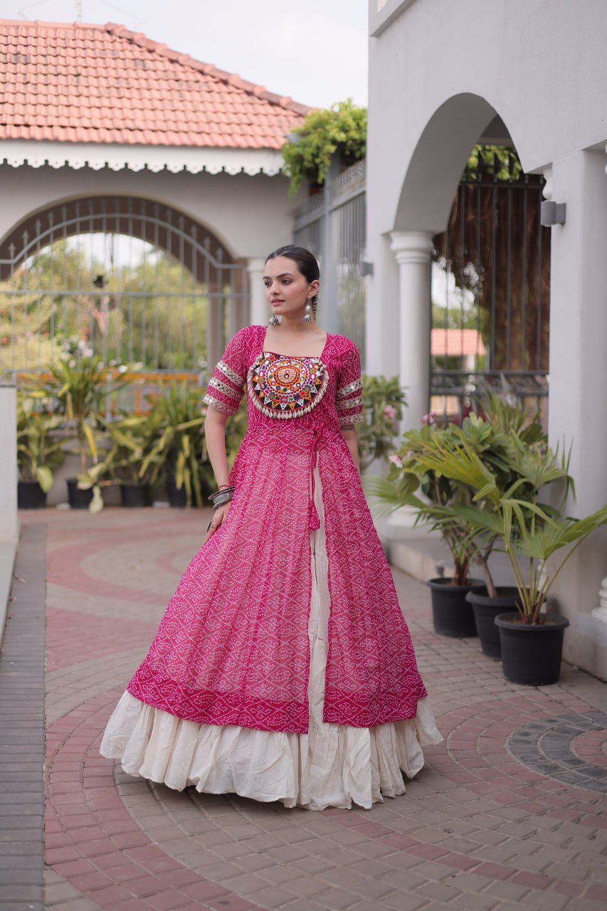 Navratri Special Bandhani Print Kurti with Kora Cotton Lehenga
