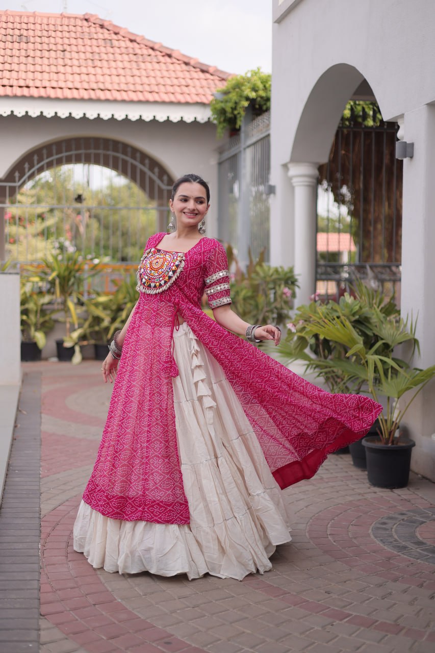 Navratri Special Bandhani Print Kurti with Kora Cotton Lehenga