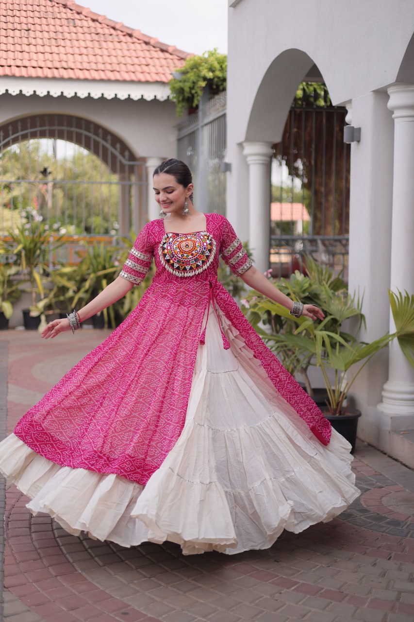 Navratri Special Bandhani Print Kurti with Kora Cotton Lehenga