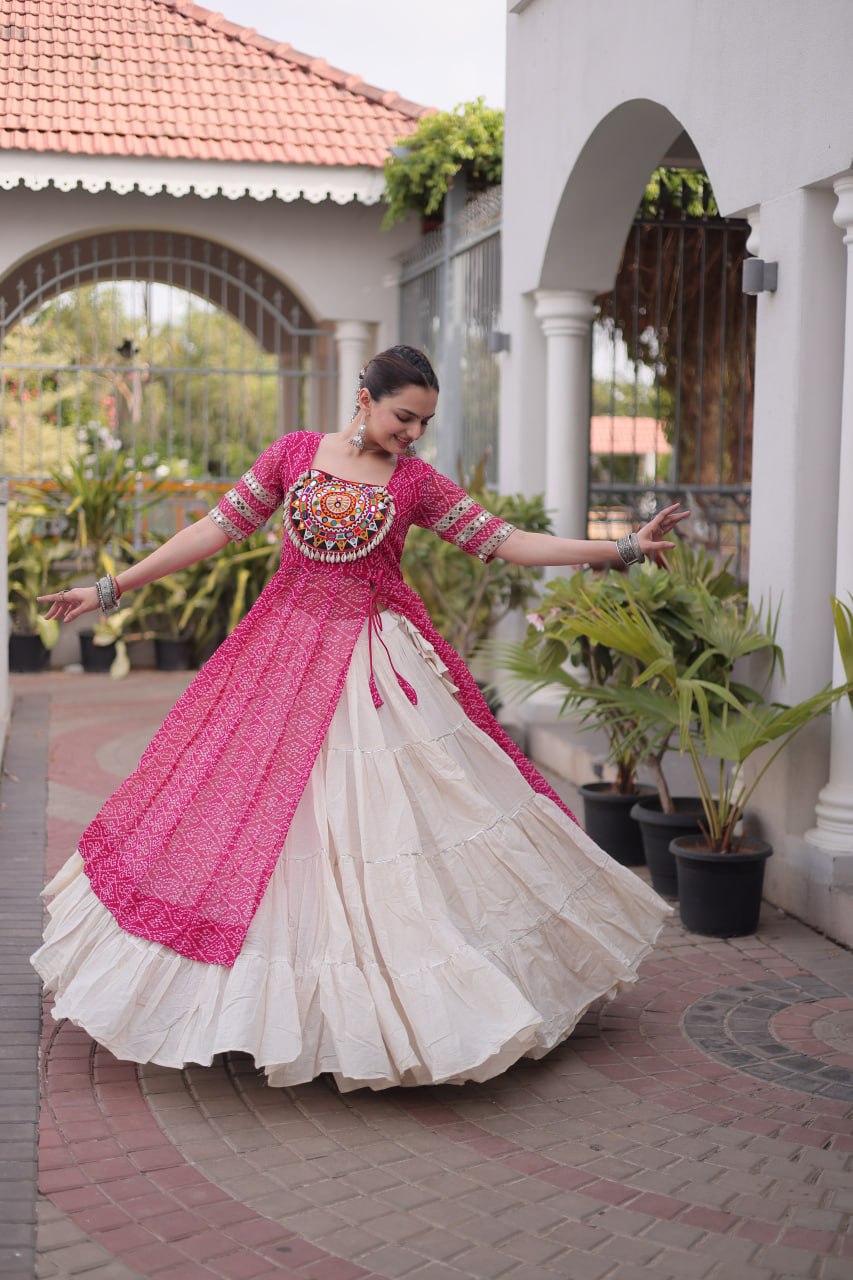 Navratri Special Bandhani Print Kurti with Kora Cotton Lehenga