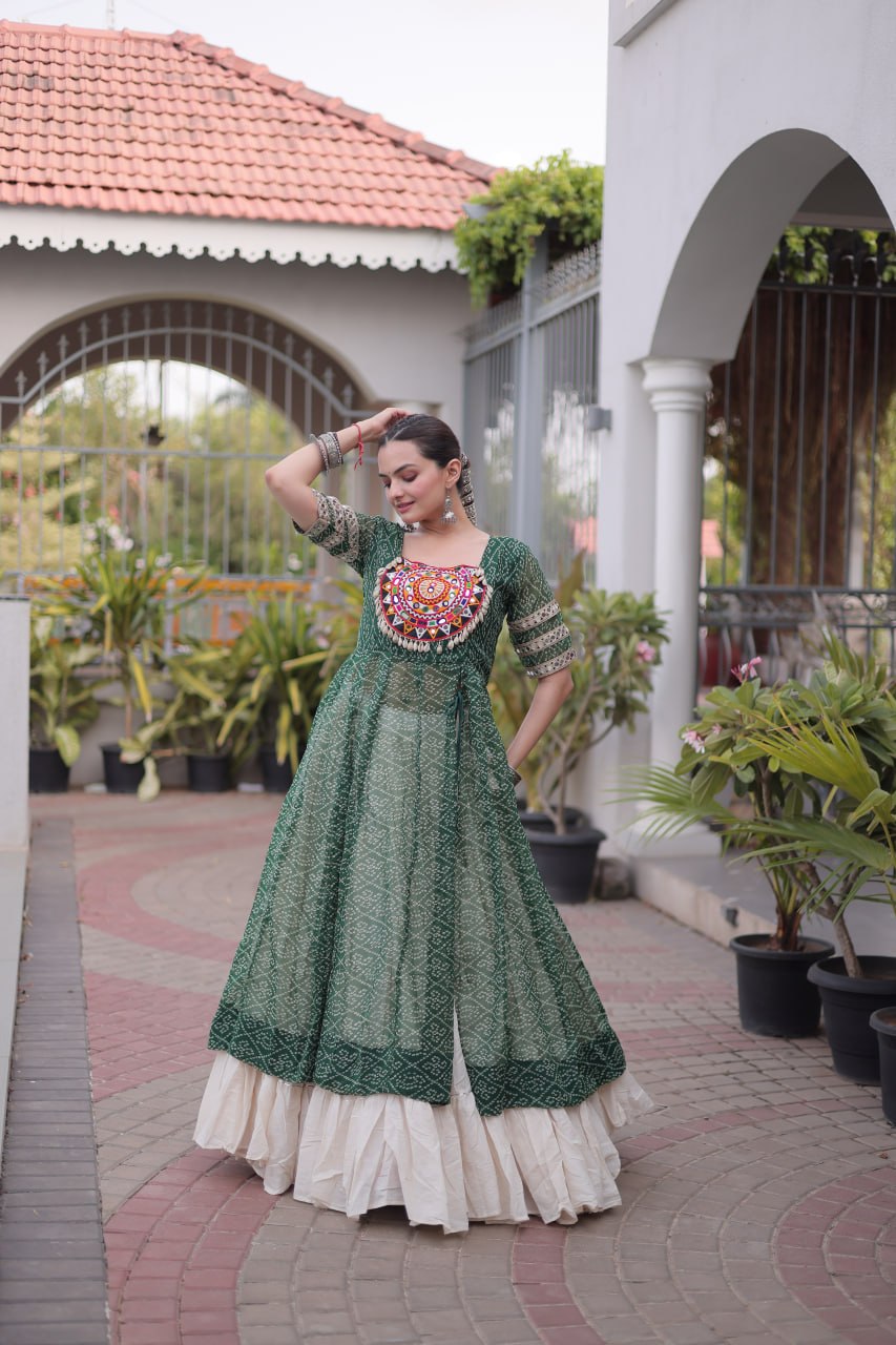 Navratri Special Bandhani Print Kurti with Kora Cotton Lehenga