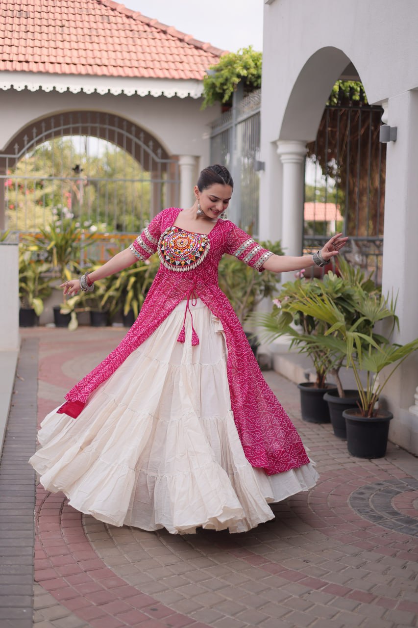 Navratri Special Bandhani Print Kurti with Kora Cotton Lehenga