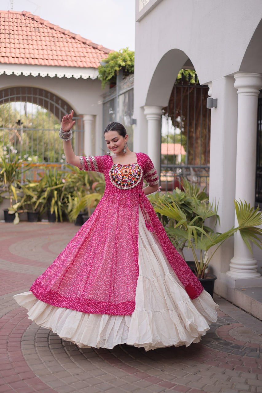 Navratri Special Bandhani Print Kurti with Kora Cotton Lehenga