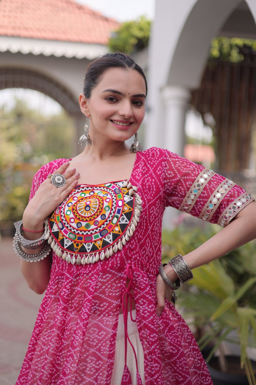 Navratri Special Bandhani Print Kurti with Kora Cotton Lehenga