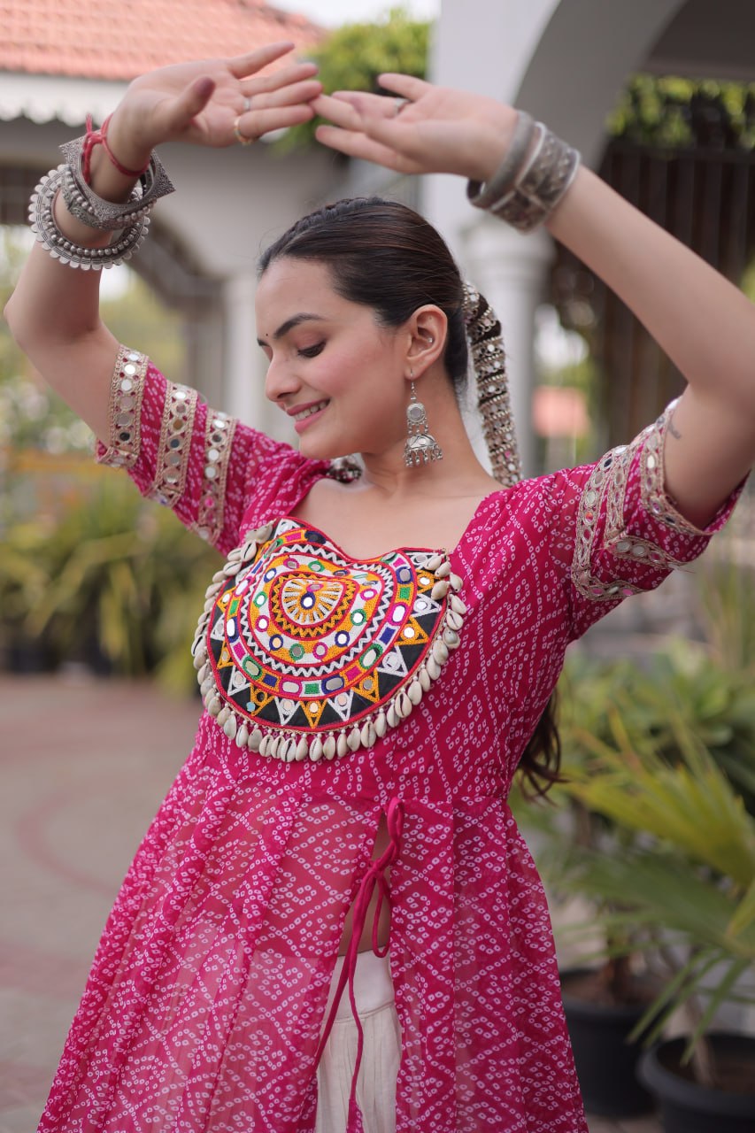 Navratri Special Bandhani Print Kurti with Kora Cotton Lehenga