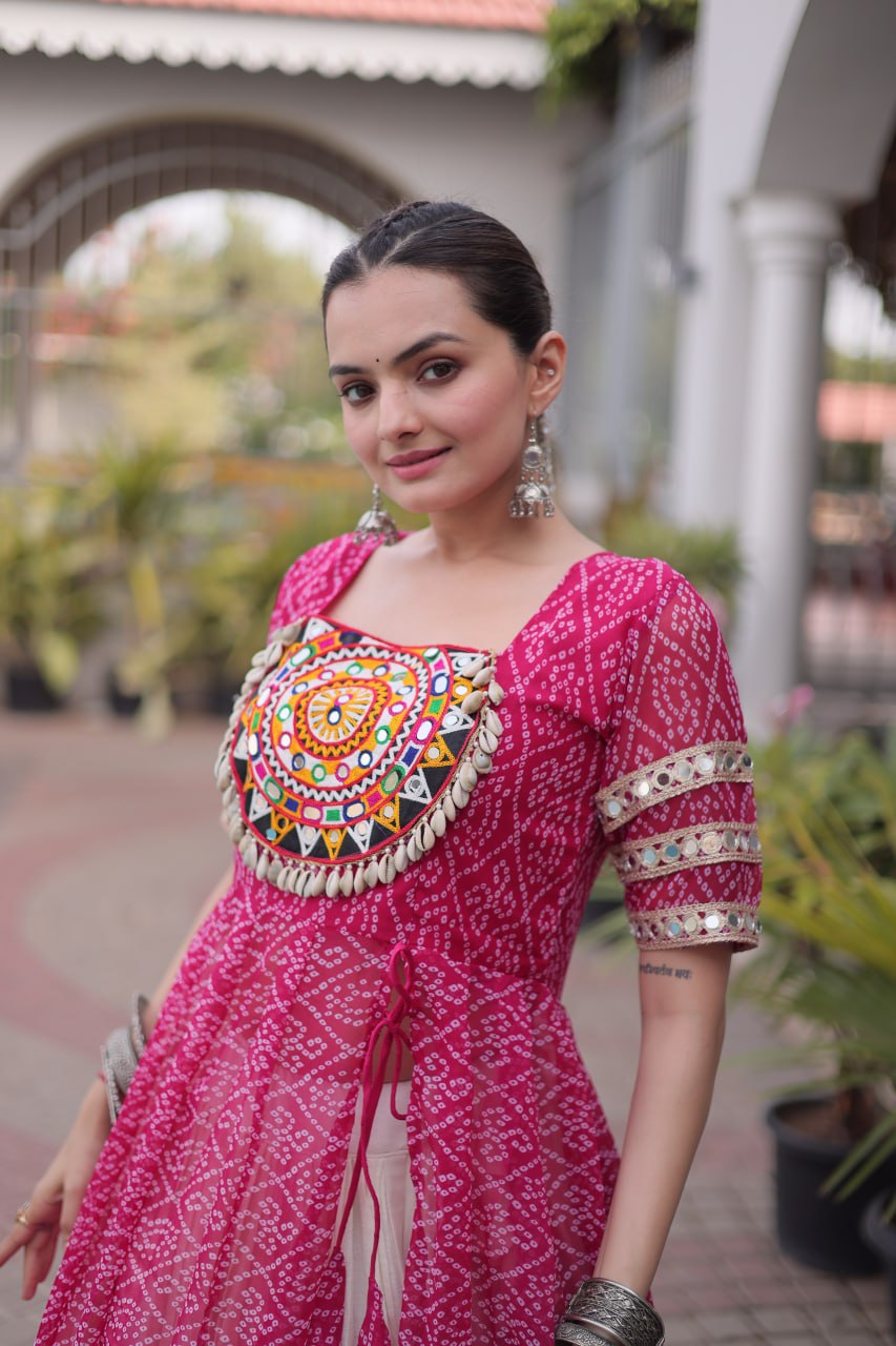 Navratri Special Bandhani Print Kurti with Kora Cotton Lehenga