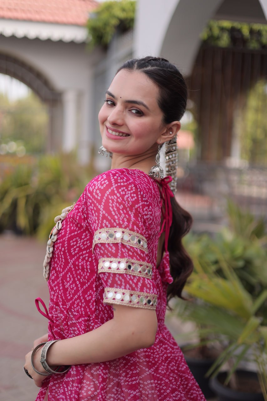 Navratri Special Bandhani Print Kurti with Kora Cotton Lehenga