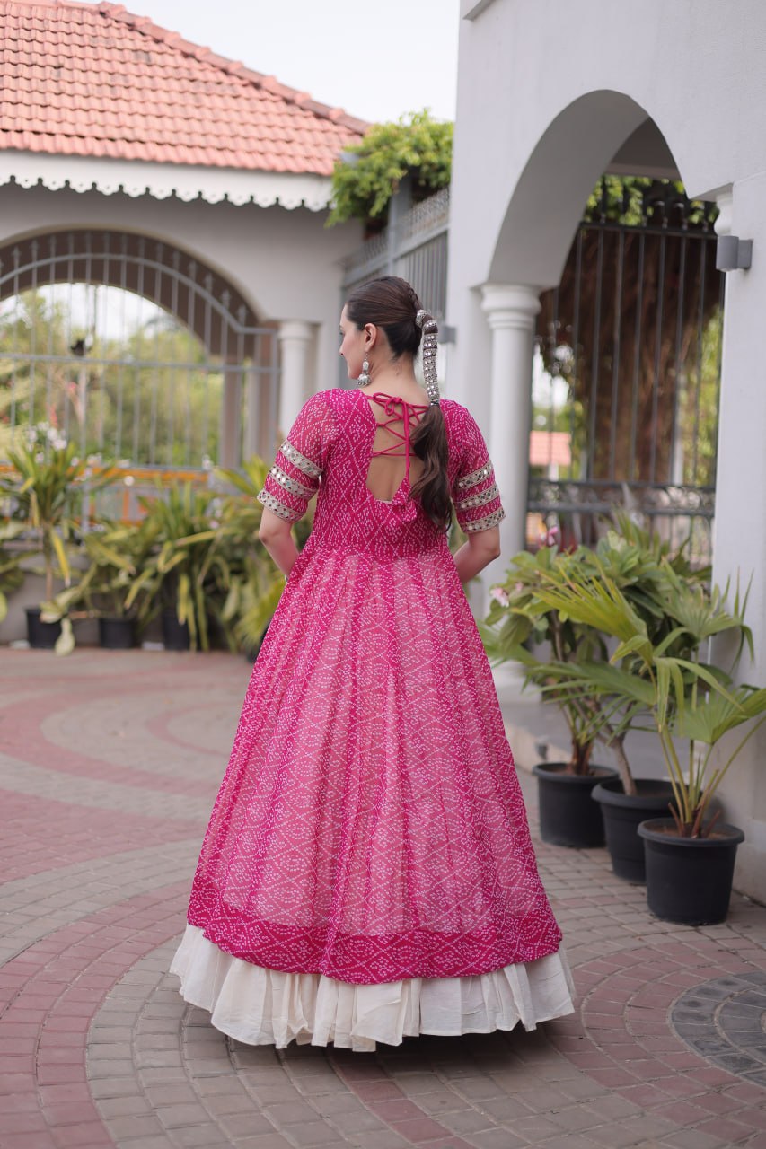 Navratri Special Bandhani Print Kurti with Kora Cotton Lehenga