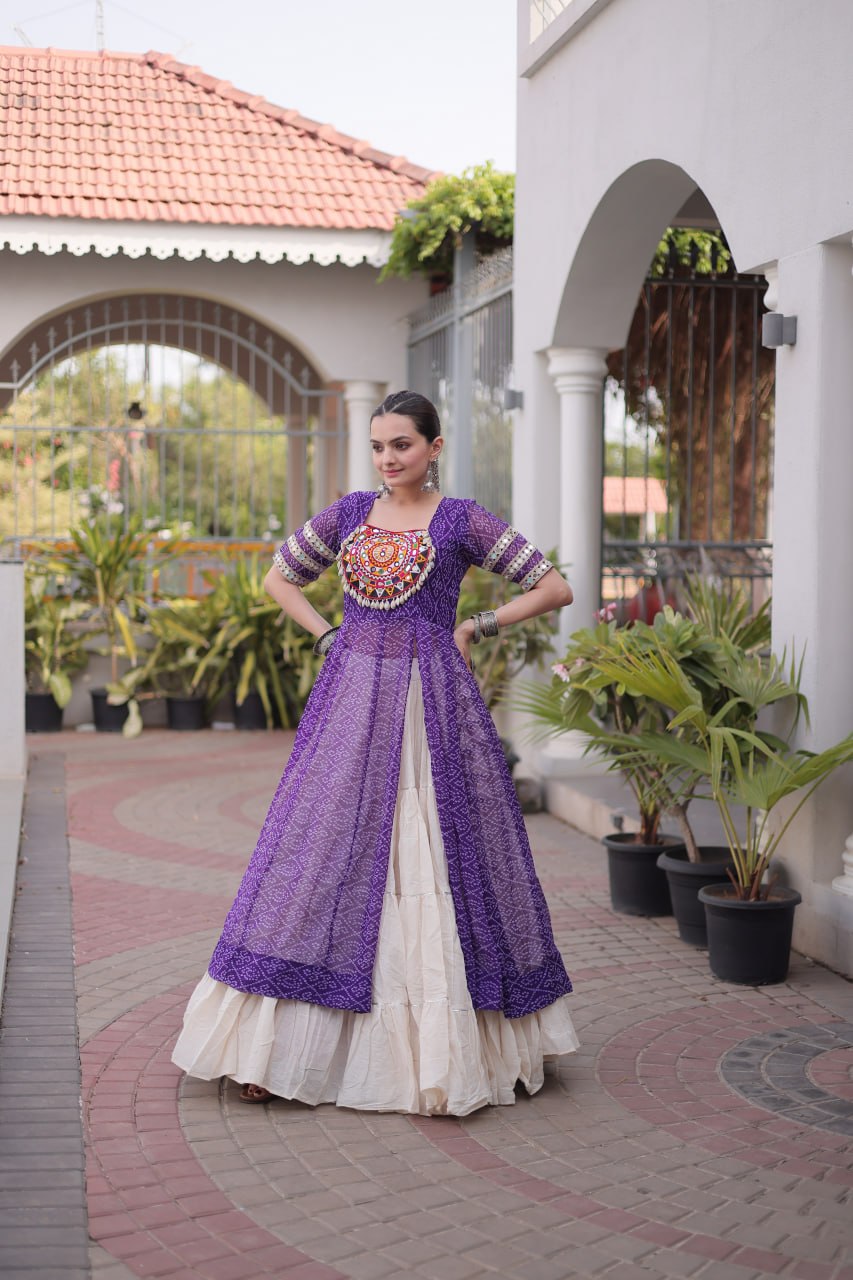 Navratri Special Bandhani Print Kurti with Kora Cotton Lehenga