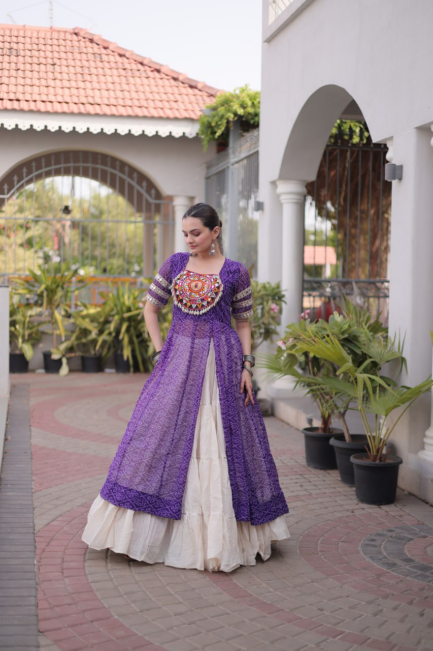 Navratri Special Bandhani Print Kurti with Kora Cotton Lehenga