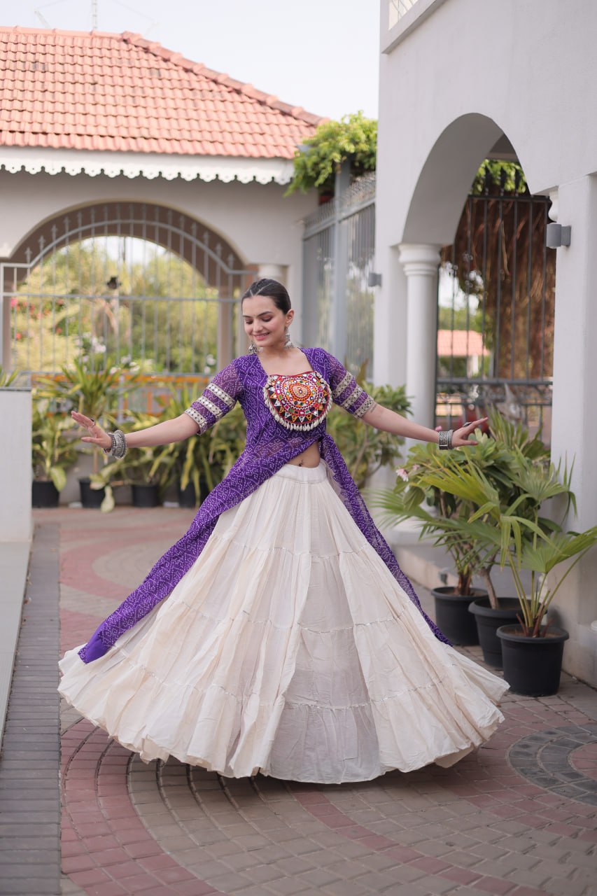 Navratri Special Bandhani Print Kurti with Kora Cotton Lehenga