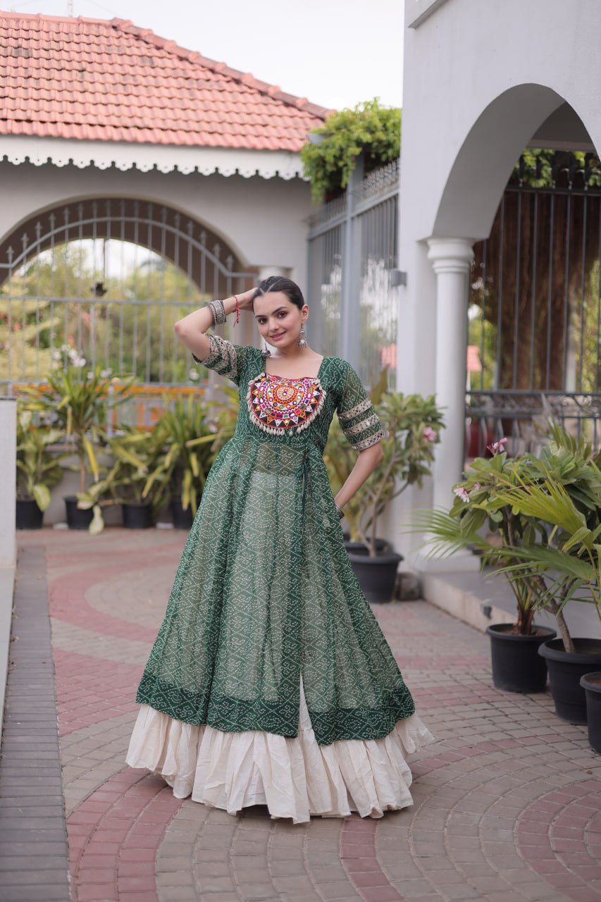 Navratri Special Bandhani Print Kurti with Kora Cotton Lehenga