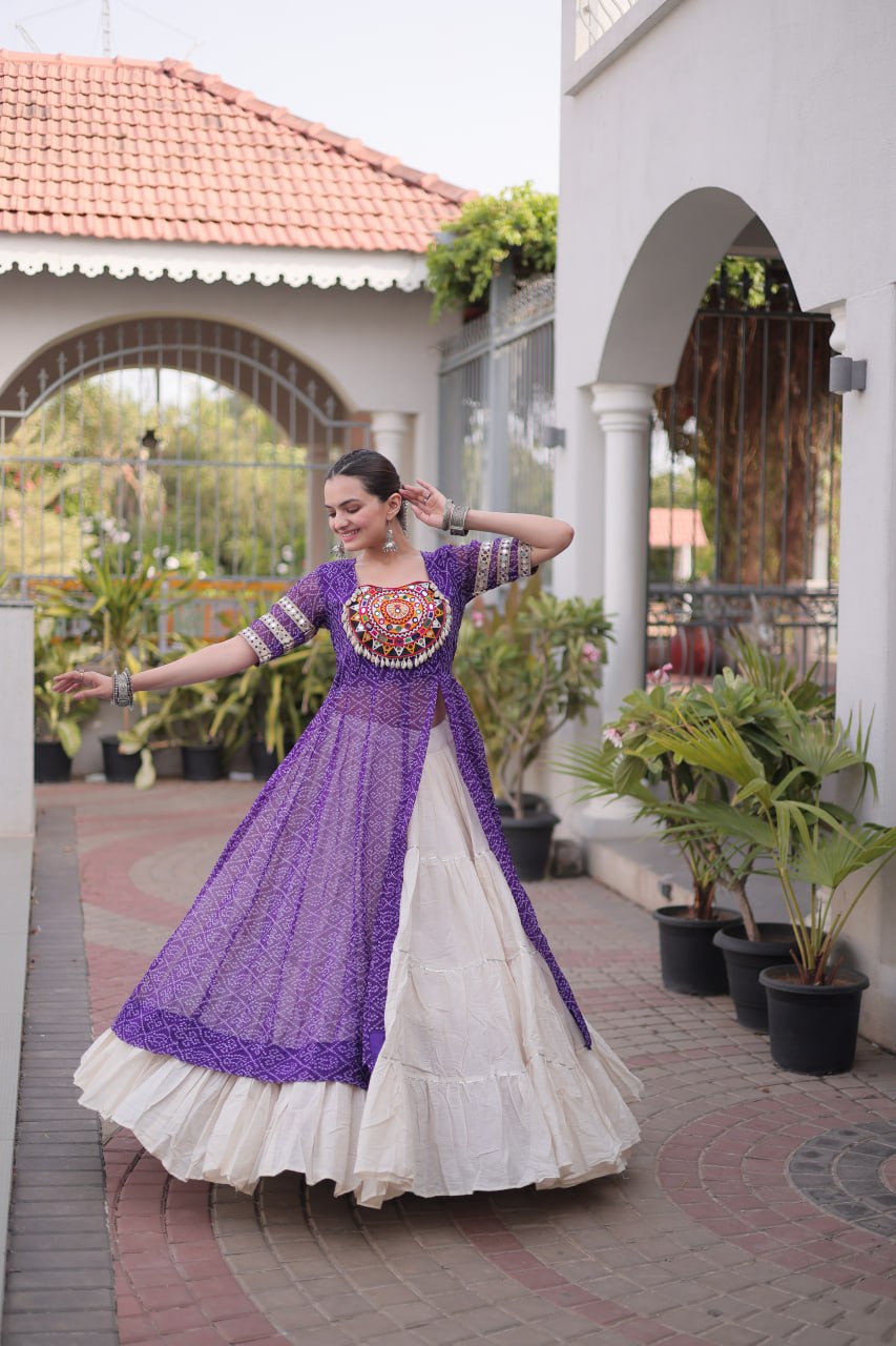 Navratri Special Bandhani Print Kurti with Kora Cotton Lehenga