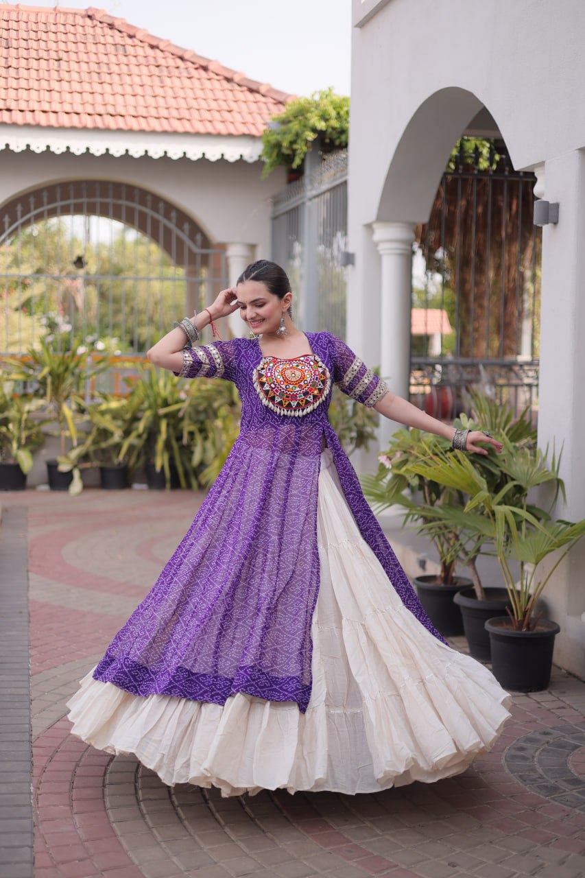 Navratri Special Bandhani Print Kurti with Kora Cotton Lehenga