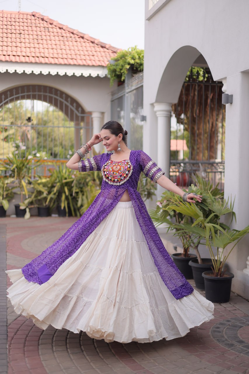 Navratri Special Bandhani Print Kurti with Kora Cotton Lehenga