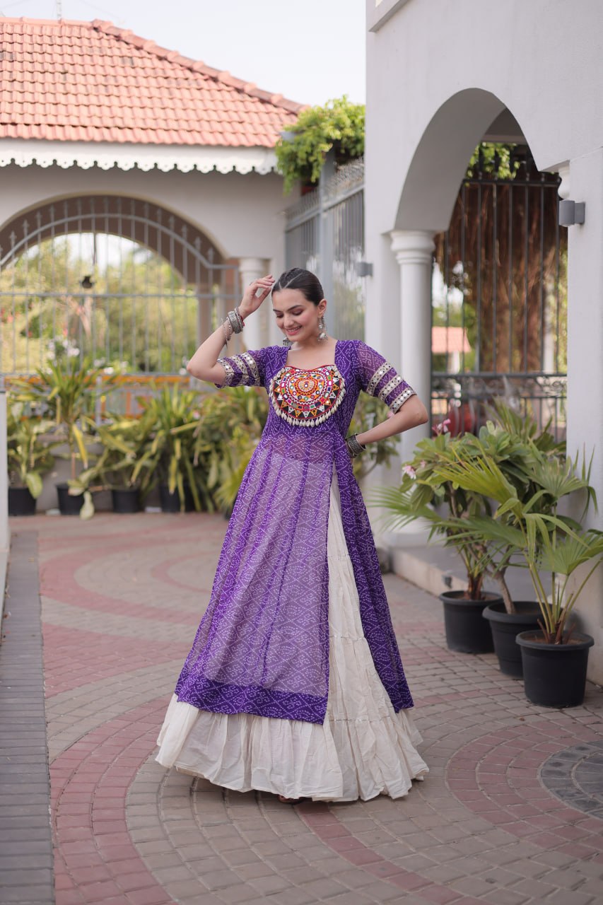 Navratri Special Bandhani Print Kurti with Kora Cotton Lehenga
