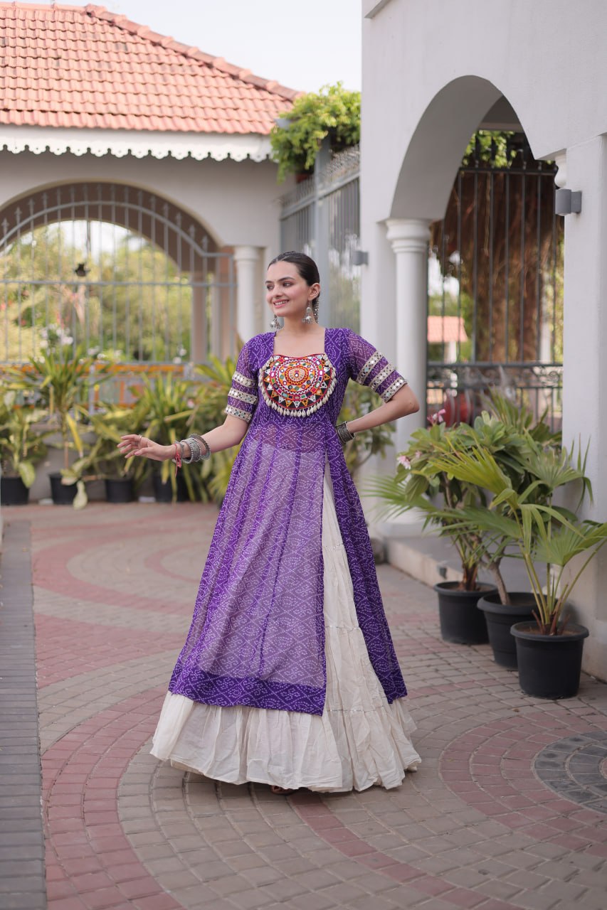 Navratri Special Bandhani Print Kurti with Kora Cotton Lehenga