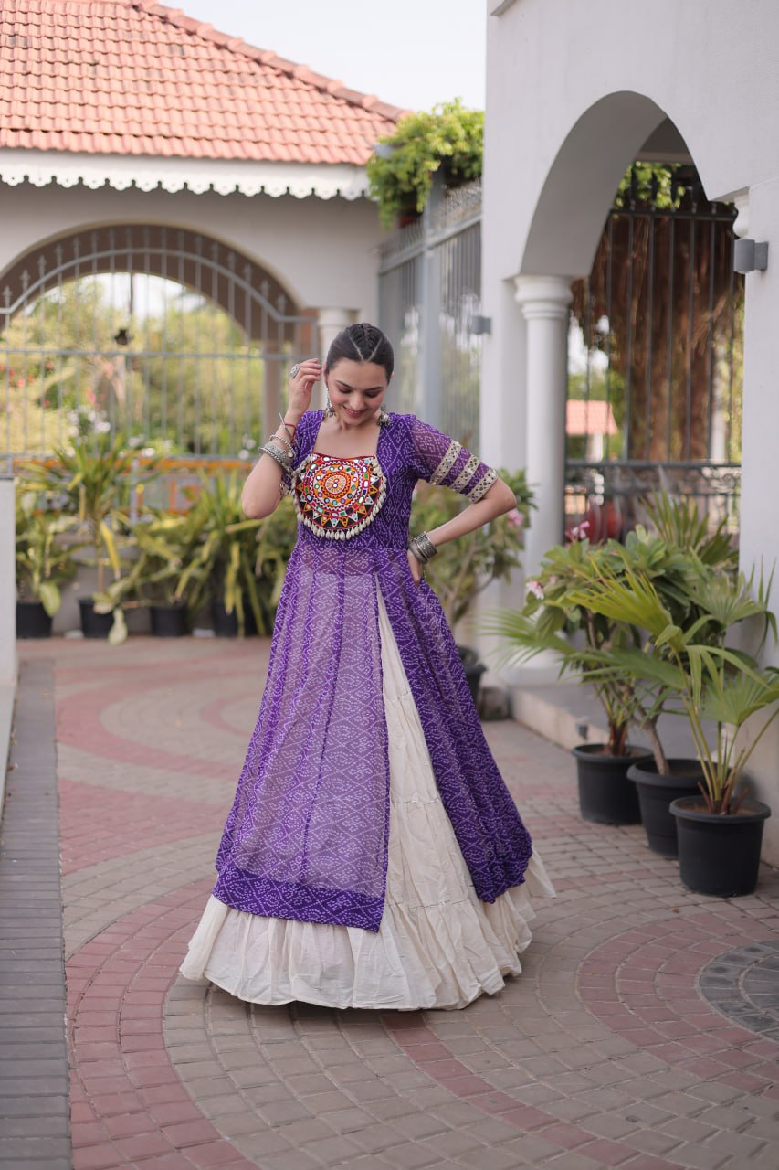 Navratri Special Bandhani Print Kurti with Kora Cotton Lehenga