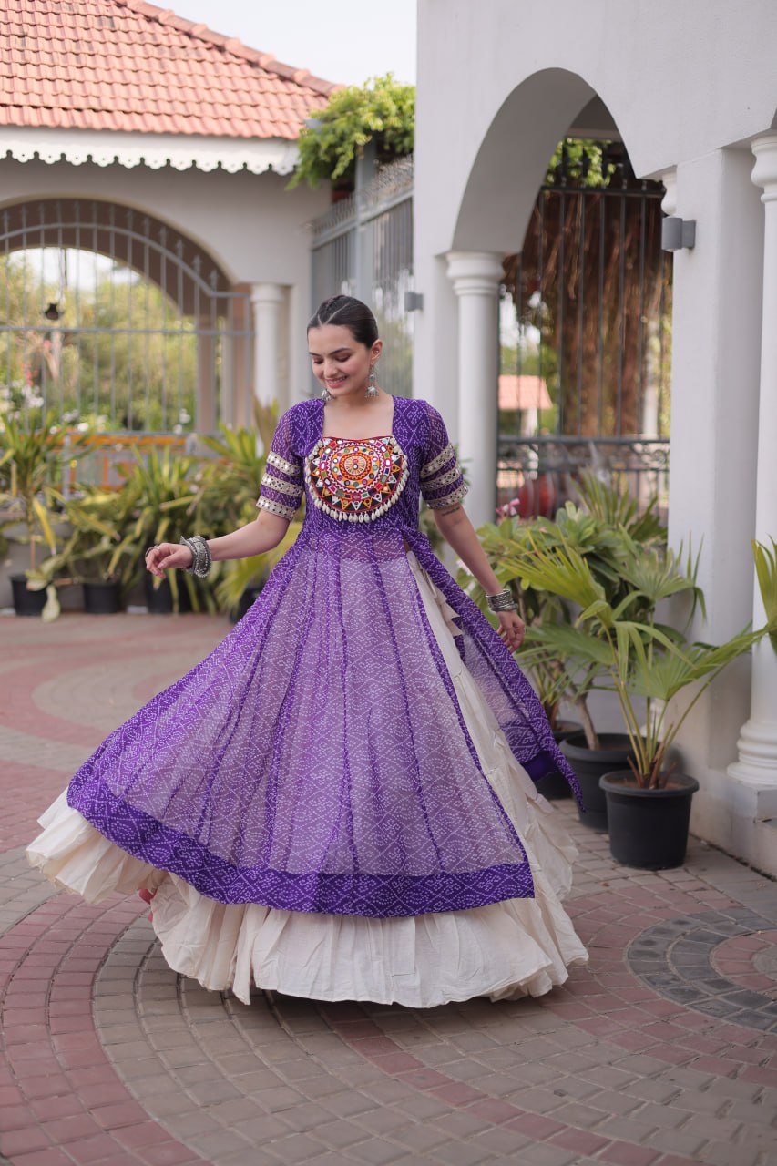 Navratri Special Bandhani Print Kurti with Kora Cotton Lehenga