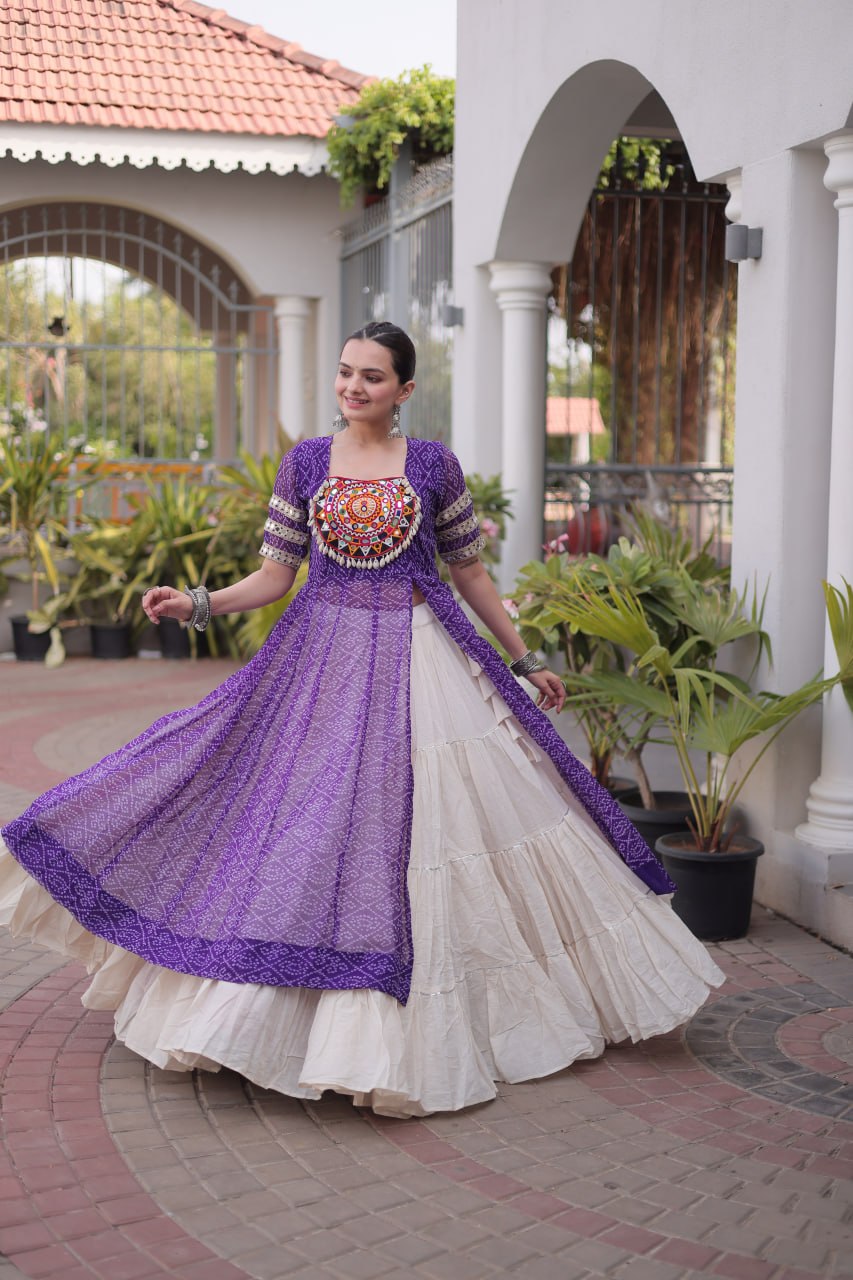 Navratri Special Bandhani Print Kurti with Kora Cotton Lehenga
