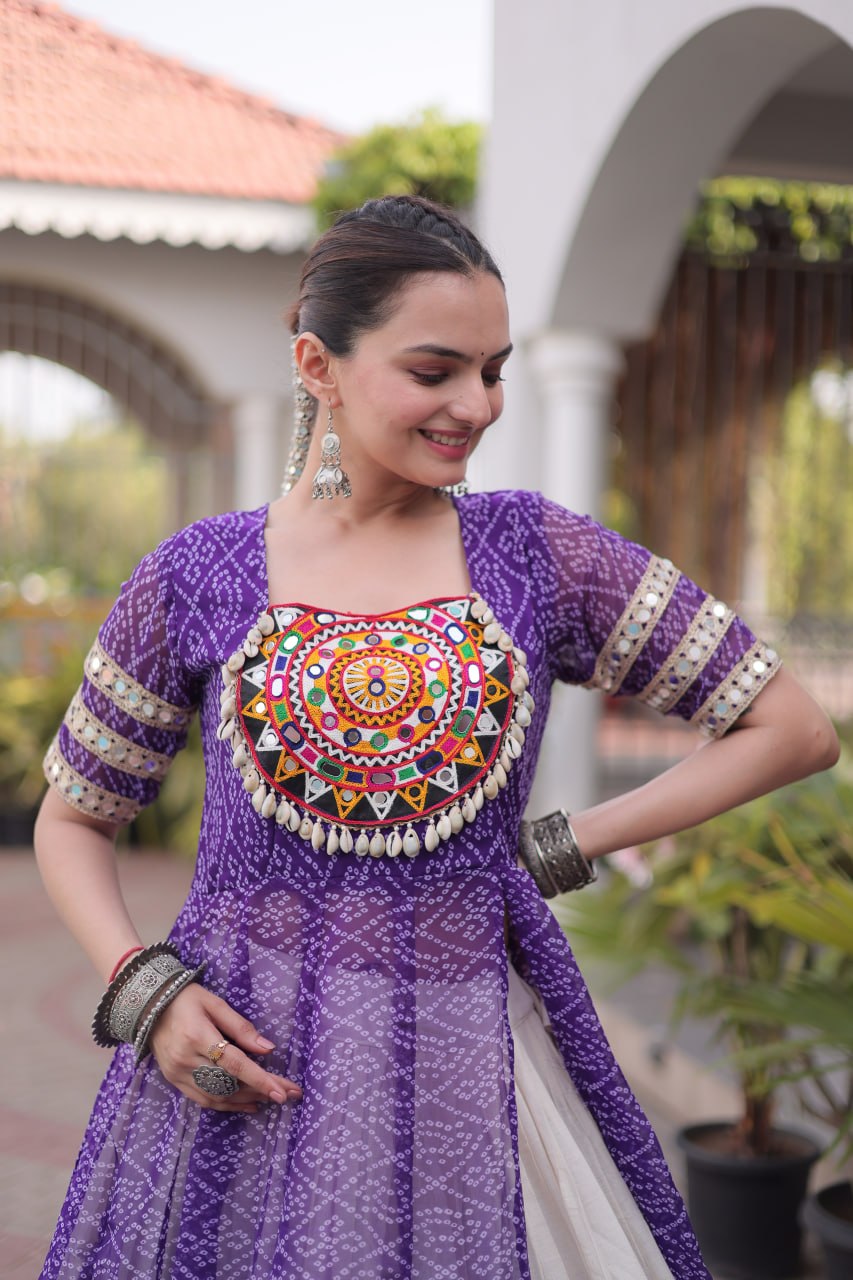 Navratri Special Bandhani Print Kurti with Kora Cotton Lehenga