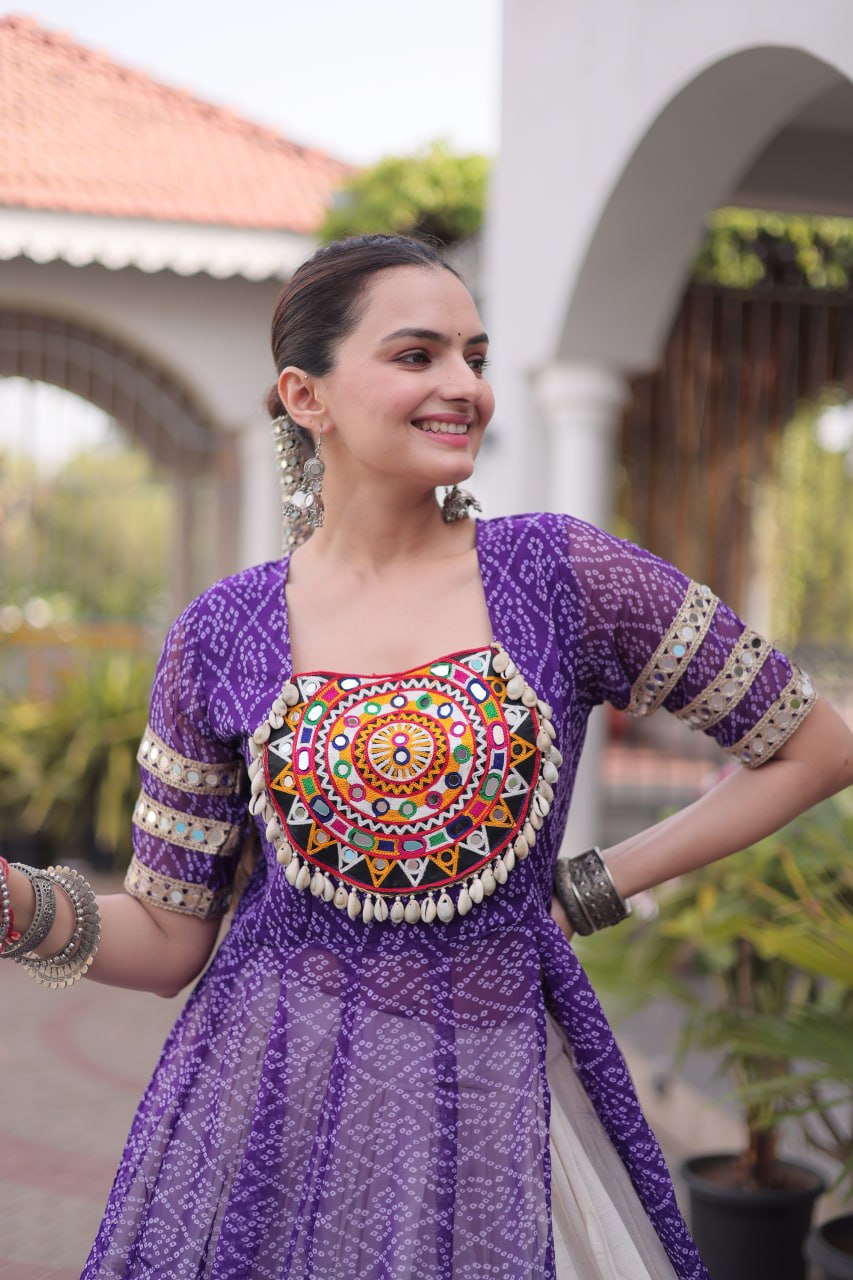Navratri Special Bandhani Print Kurti with Kora Cotton Lehenga