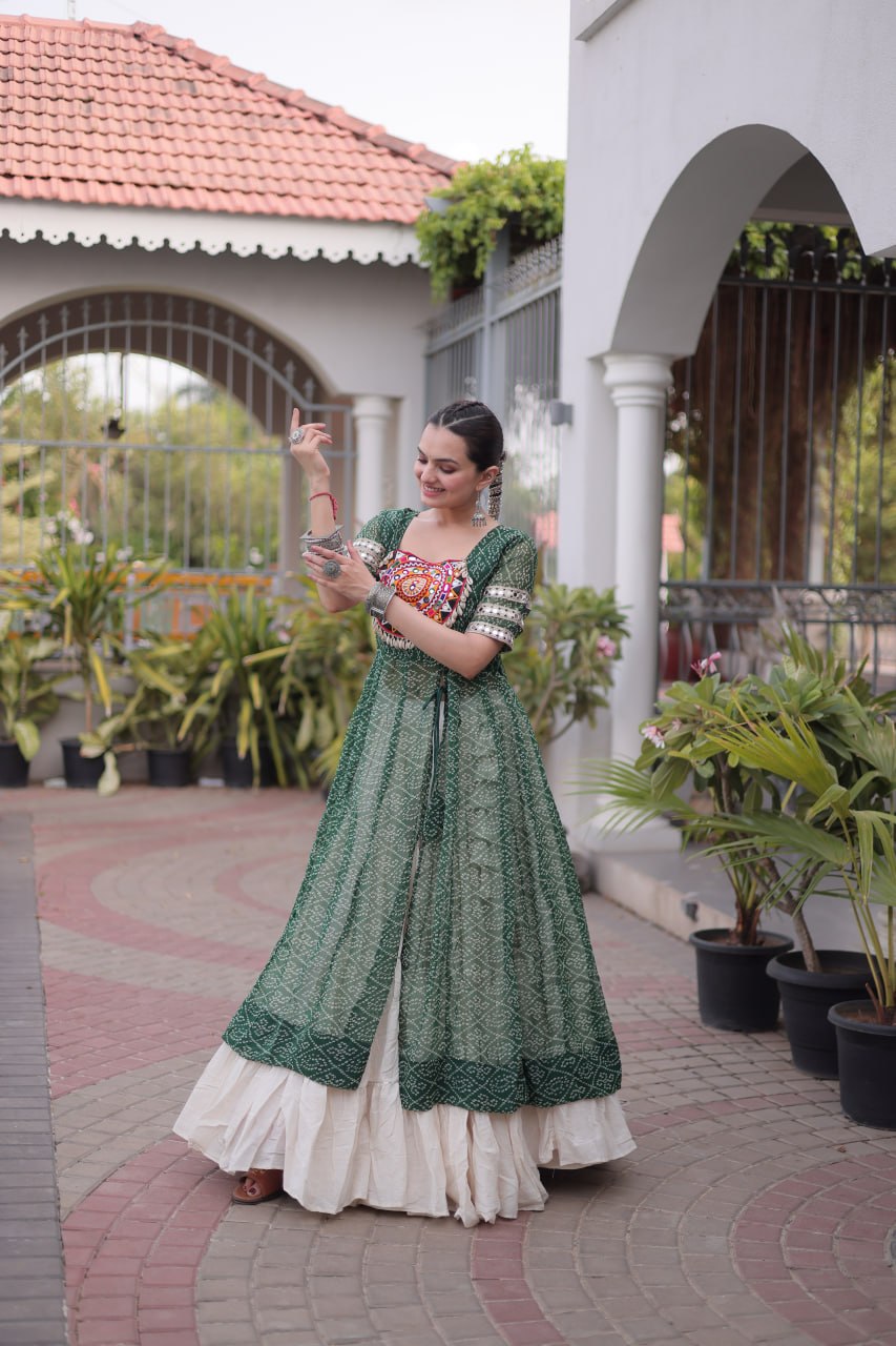 Navratri Special Bandhani Print Kurti with Kora Cotton Lehenga
