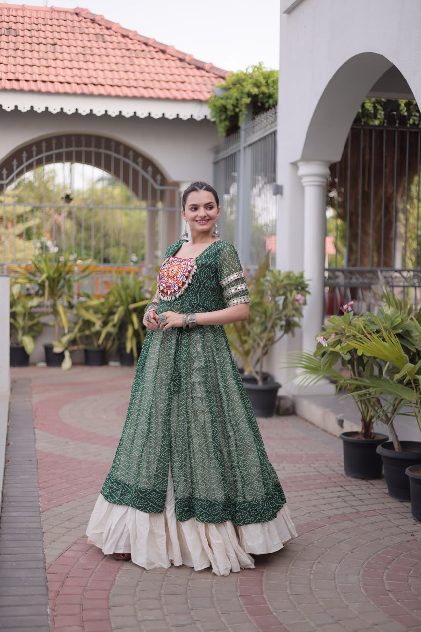 Navratri Special Bandhani Print Kurti with Kora Cotton Lehenga
