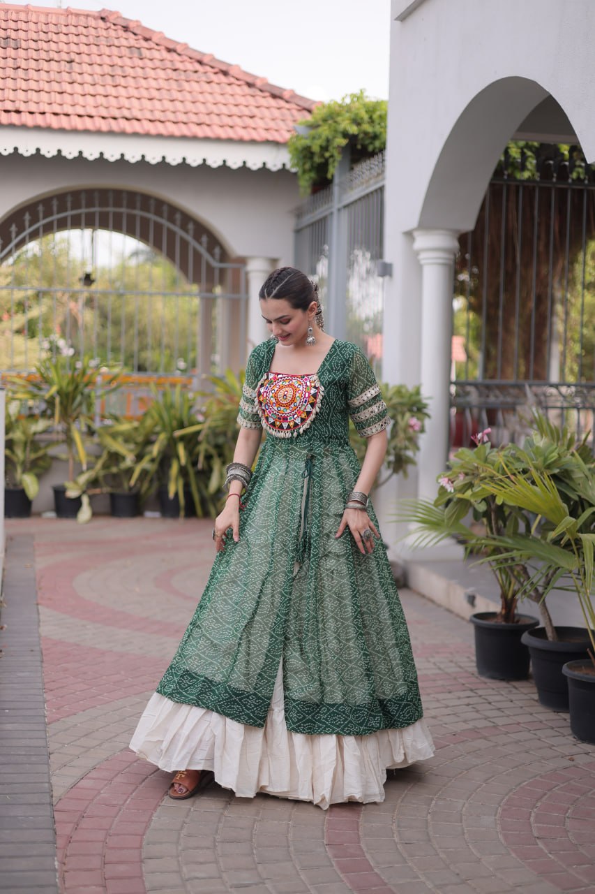 Navratri Special Bandhani Print Kurti with Kora Cotton Lehenga