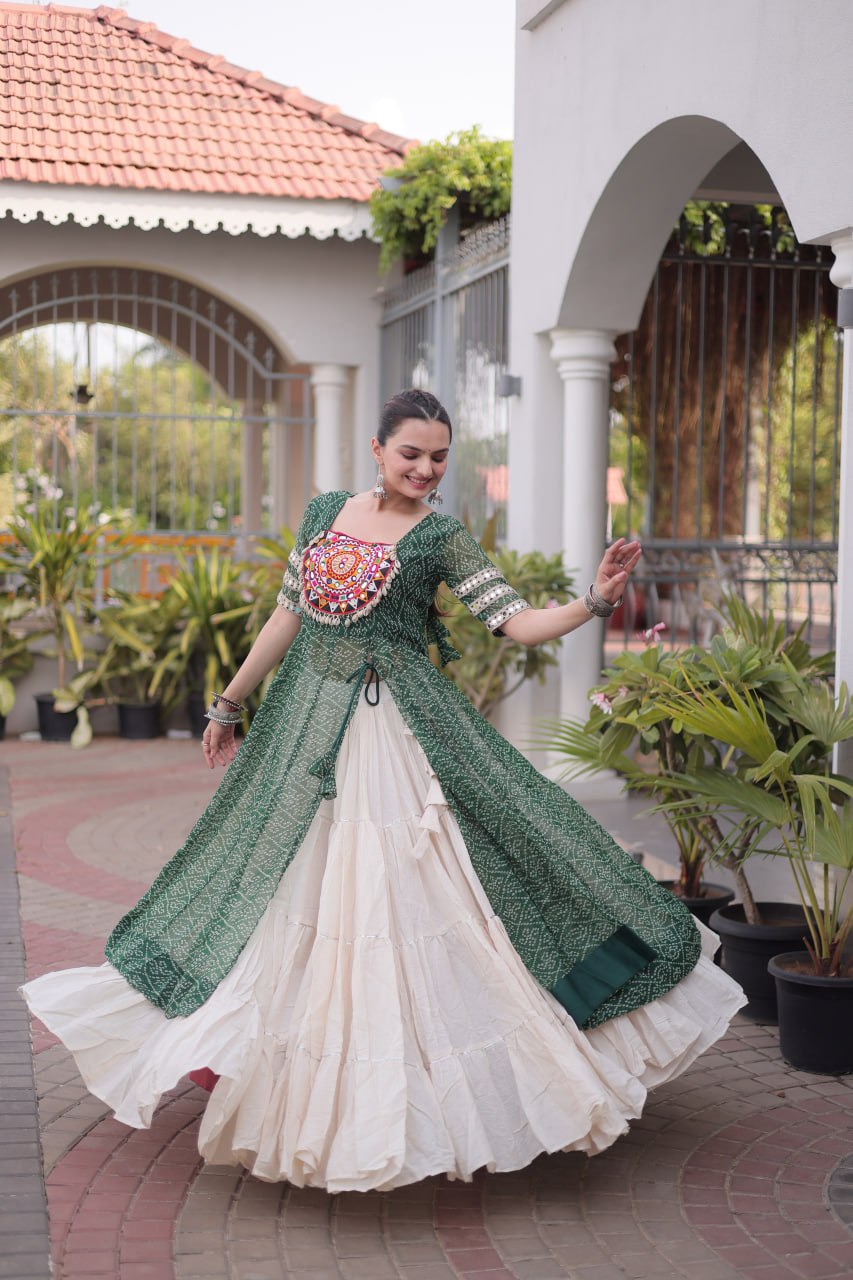 Navratri Special Bandhani Print Kurti with Kora Cotton Lehenga